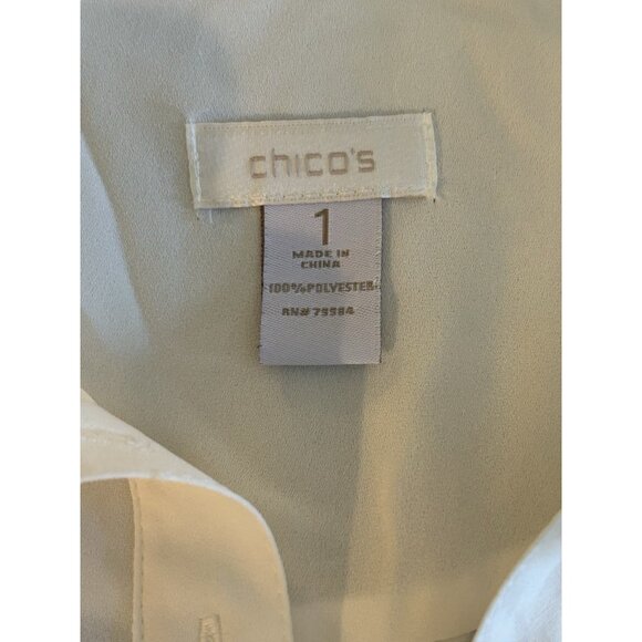 Chico's 1 Blouse Beige Cream Button Front Short Sleeve Blouse Mandarin Collar - Picture 10 of 13